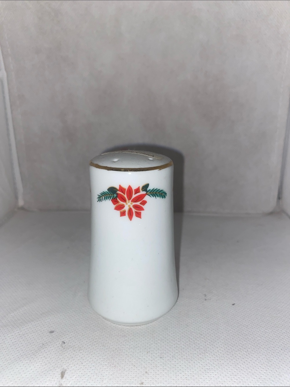 White Porcelain Salt Shaker with Red Poinsettia